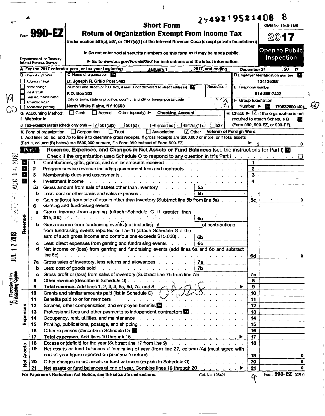 Image of first page of 2017 Form 990EO for LT Joseph R Grillo Memorial Association