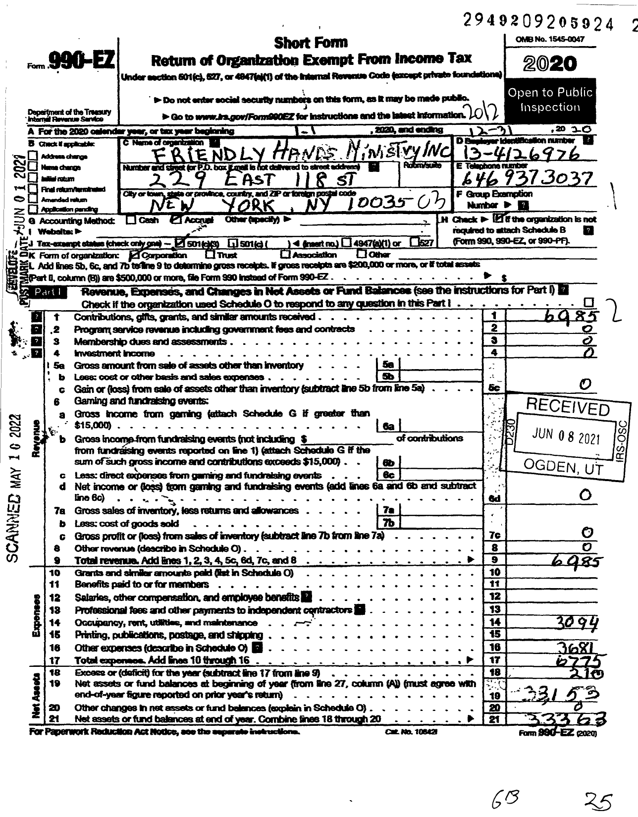 Image of first page of 2020 Form 990EZ for Friendly Hands