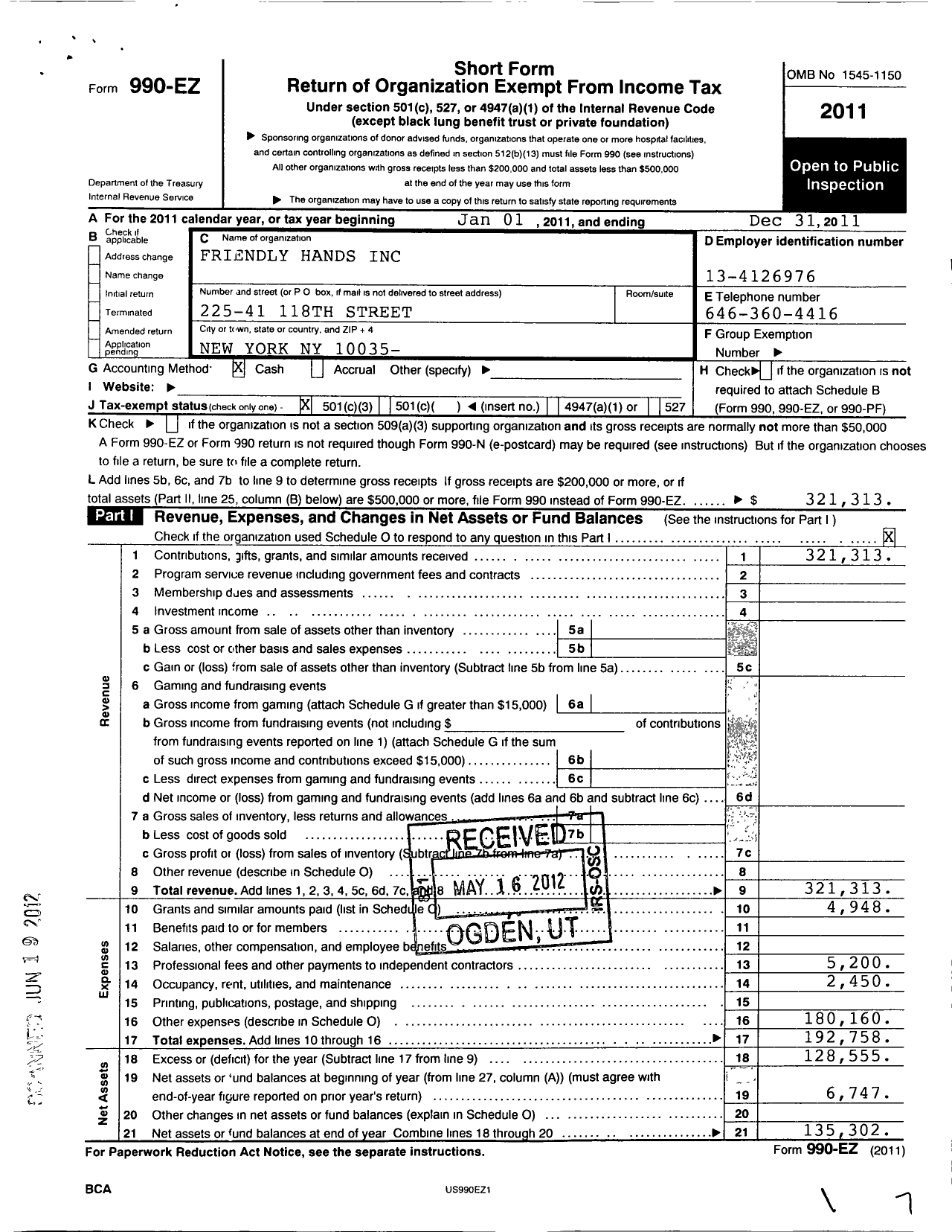 Image of first page of 2011 Form 990EZ for Friendly Hands