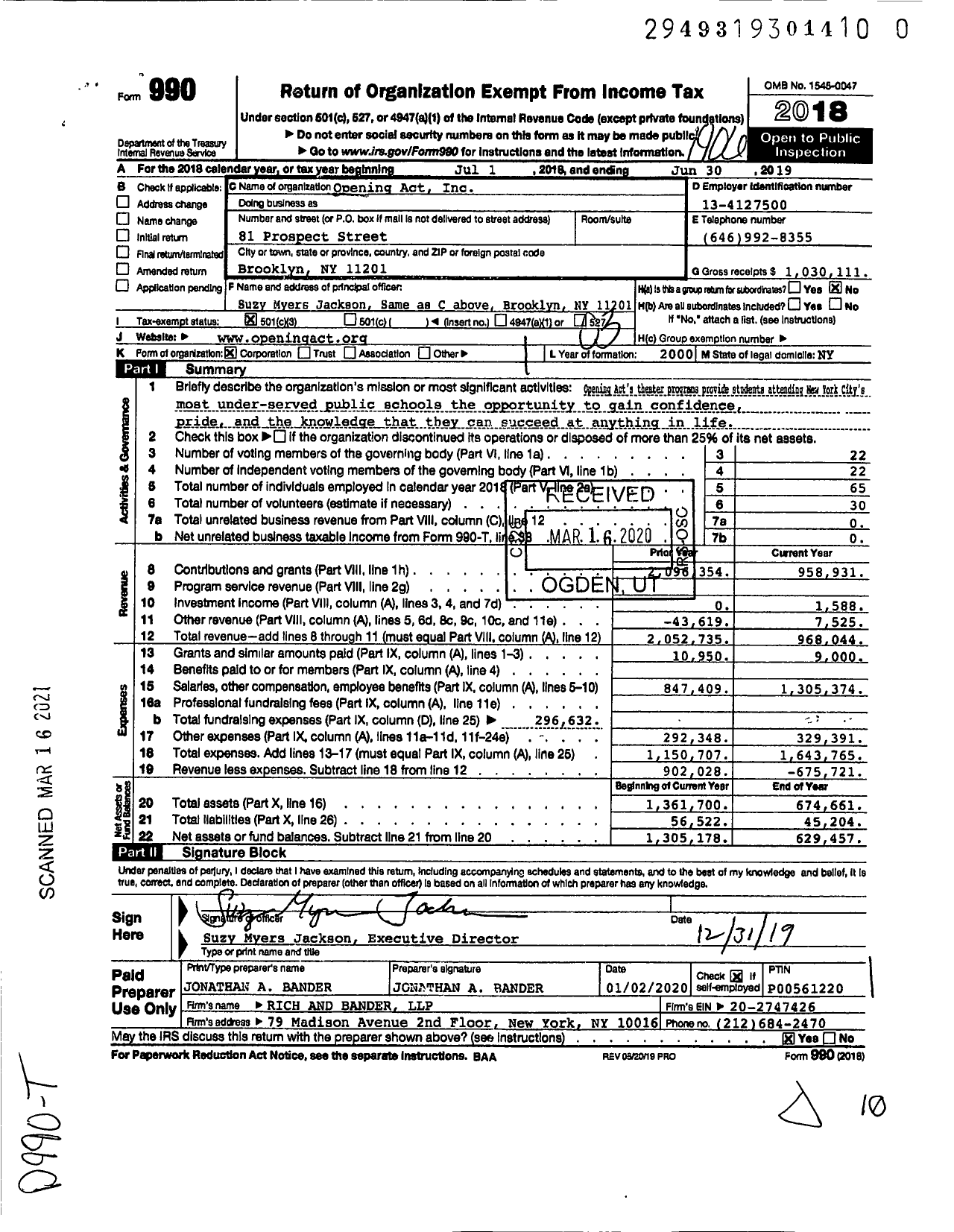 Image of first page of 2018 Form 990 for Opening Act / Erika Atkins Director of Operations