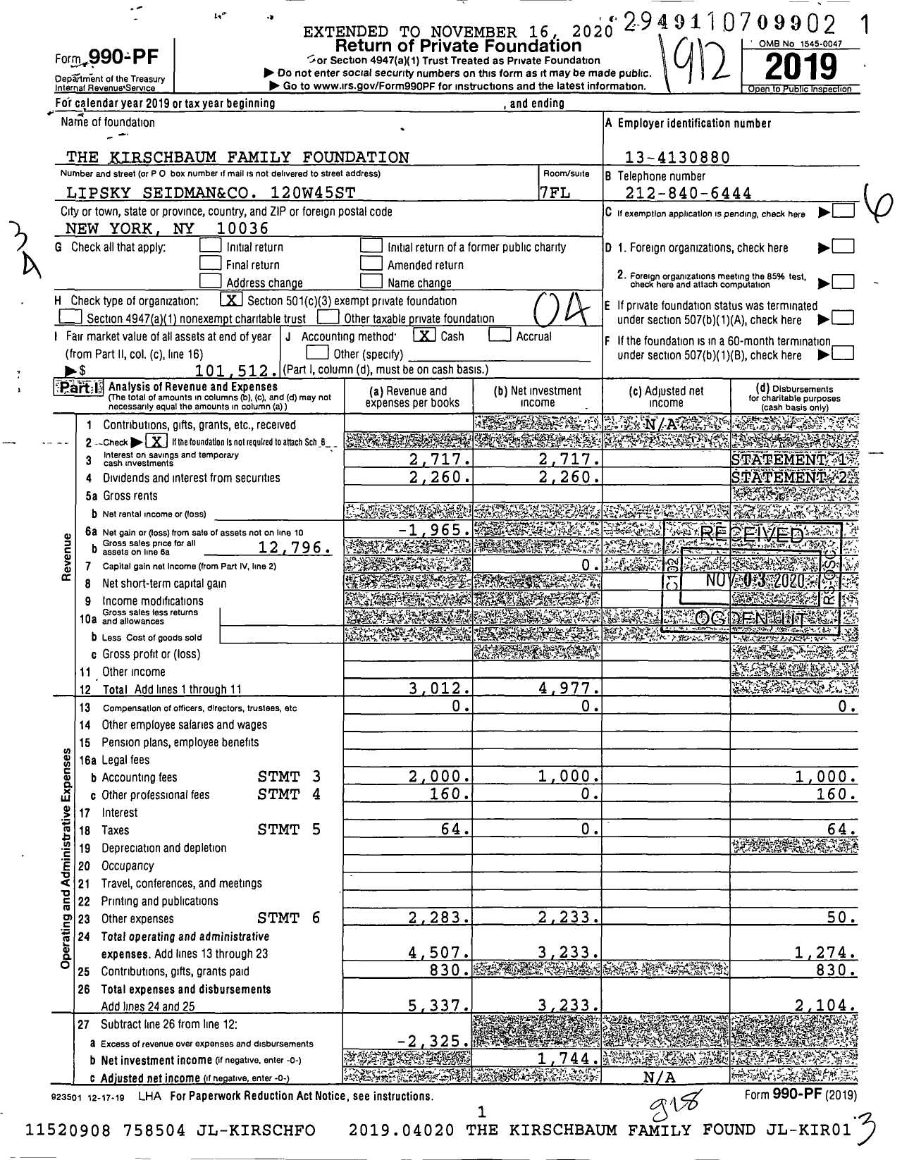 Image of first page of 2019 Form 990PF for The Kirschbaum Family Foundation