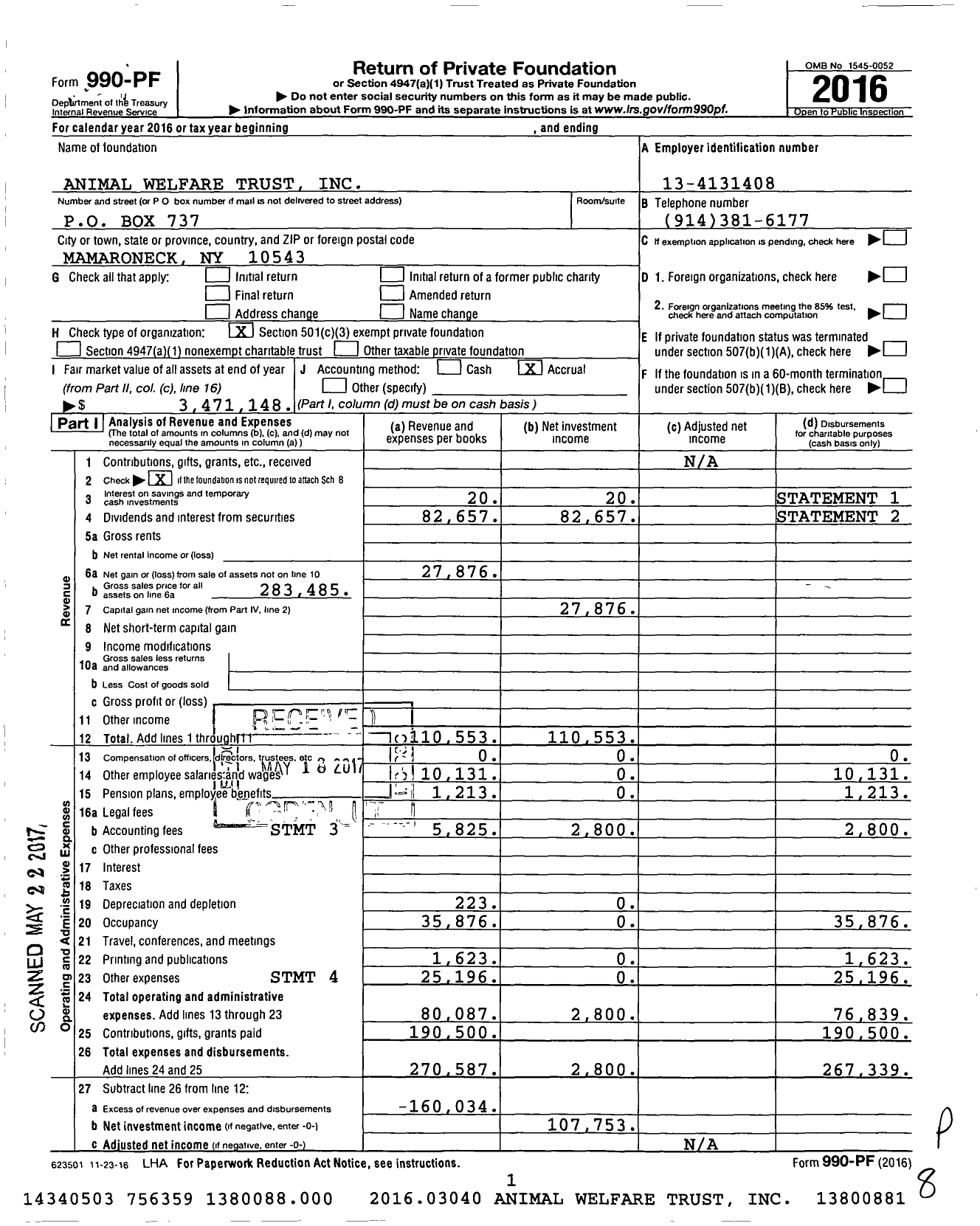 Image of first page of 2016 Form 990PF for Animal Welfare Trust