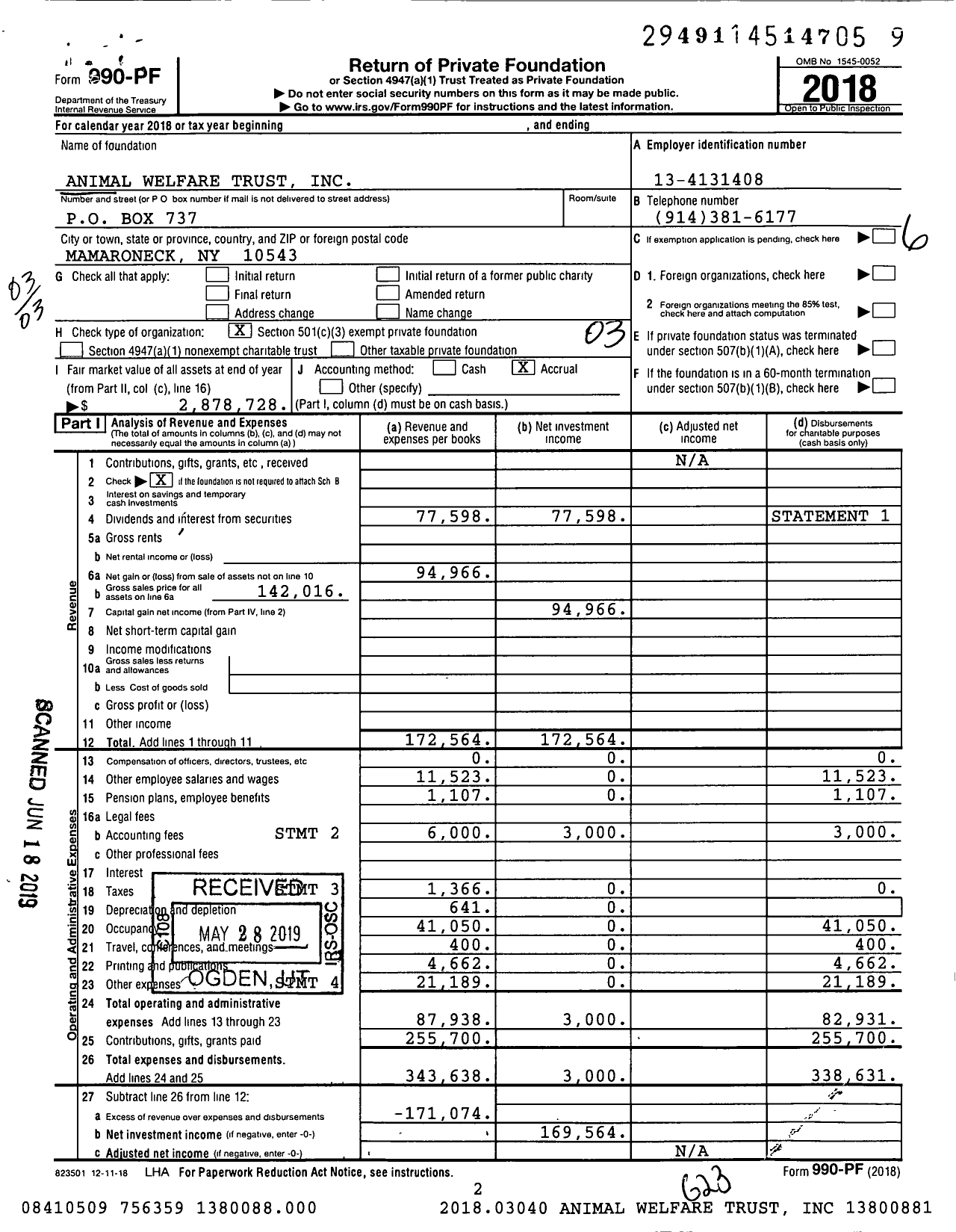 Image of first page of 2018 Form 990PF for Animal Welfare Trust