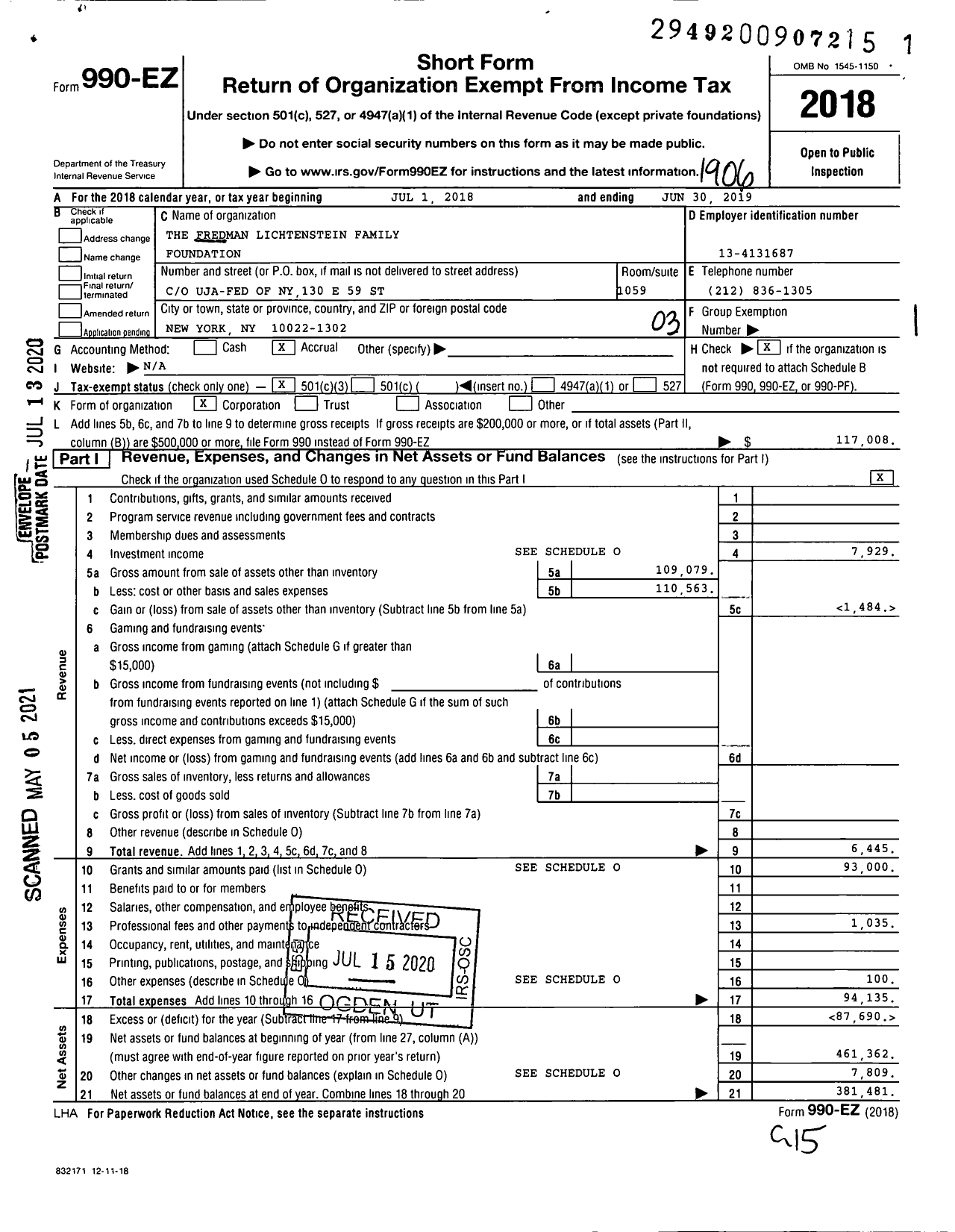 Image of first page of 2018 Form 990EZ for The Fredman Lichtenstein Family Foundation