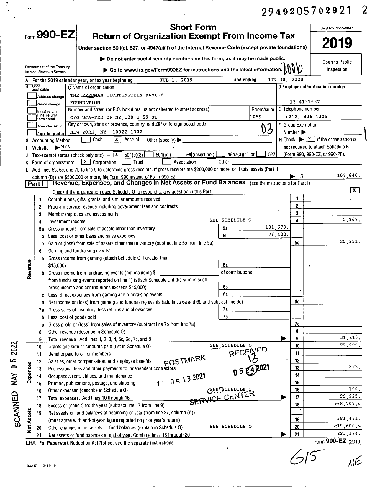 Image of first page of 2019 Form 990EZ for The Fredman Lichtenstein Family Foundation