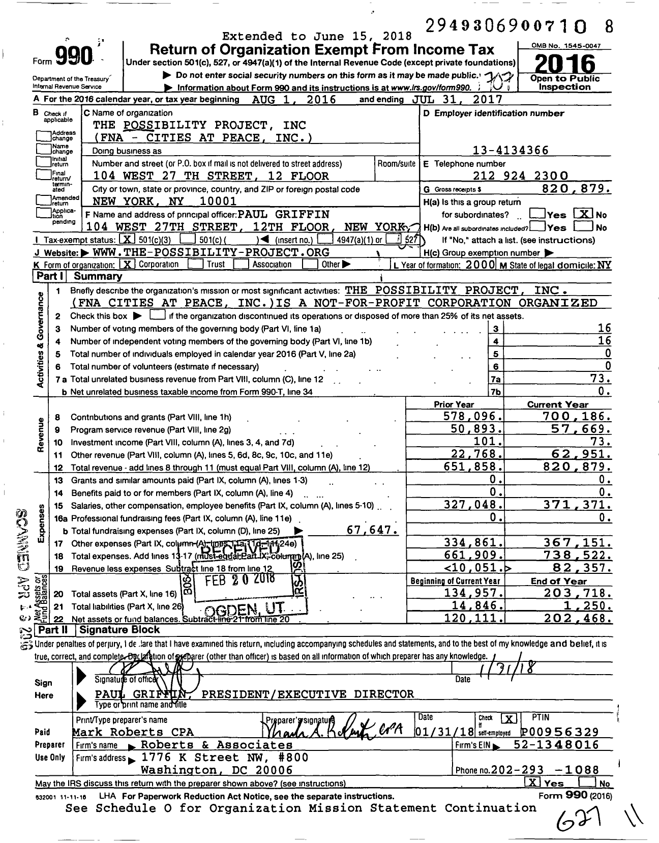 Image of first page of 2016 Form 990 for The Possibility Project