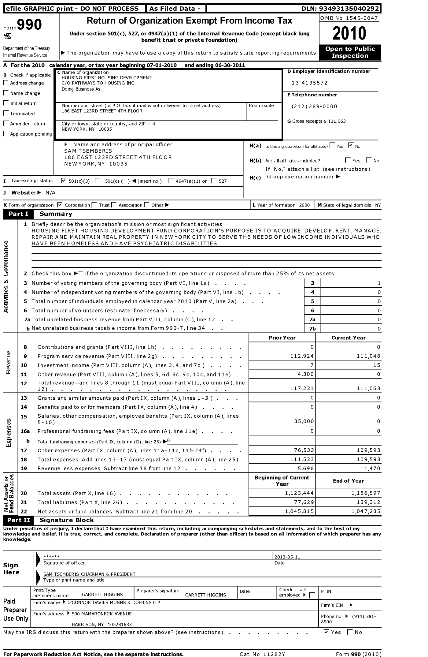 Image of first page of 2010 Form 990 for Housing First Housing Development