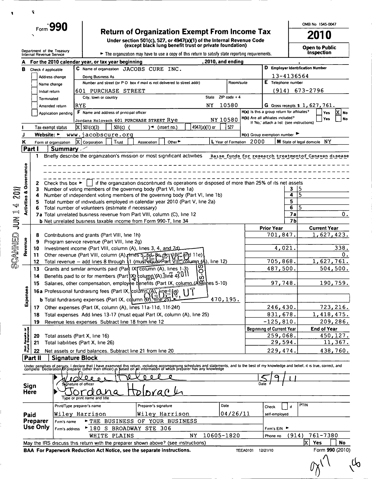 Image of first page of 2010 Form 990 for Jacobs Cure