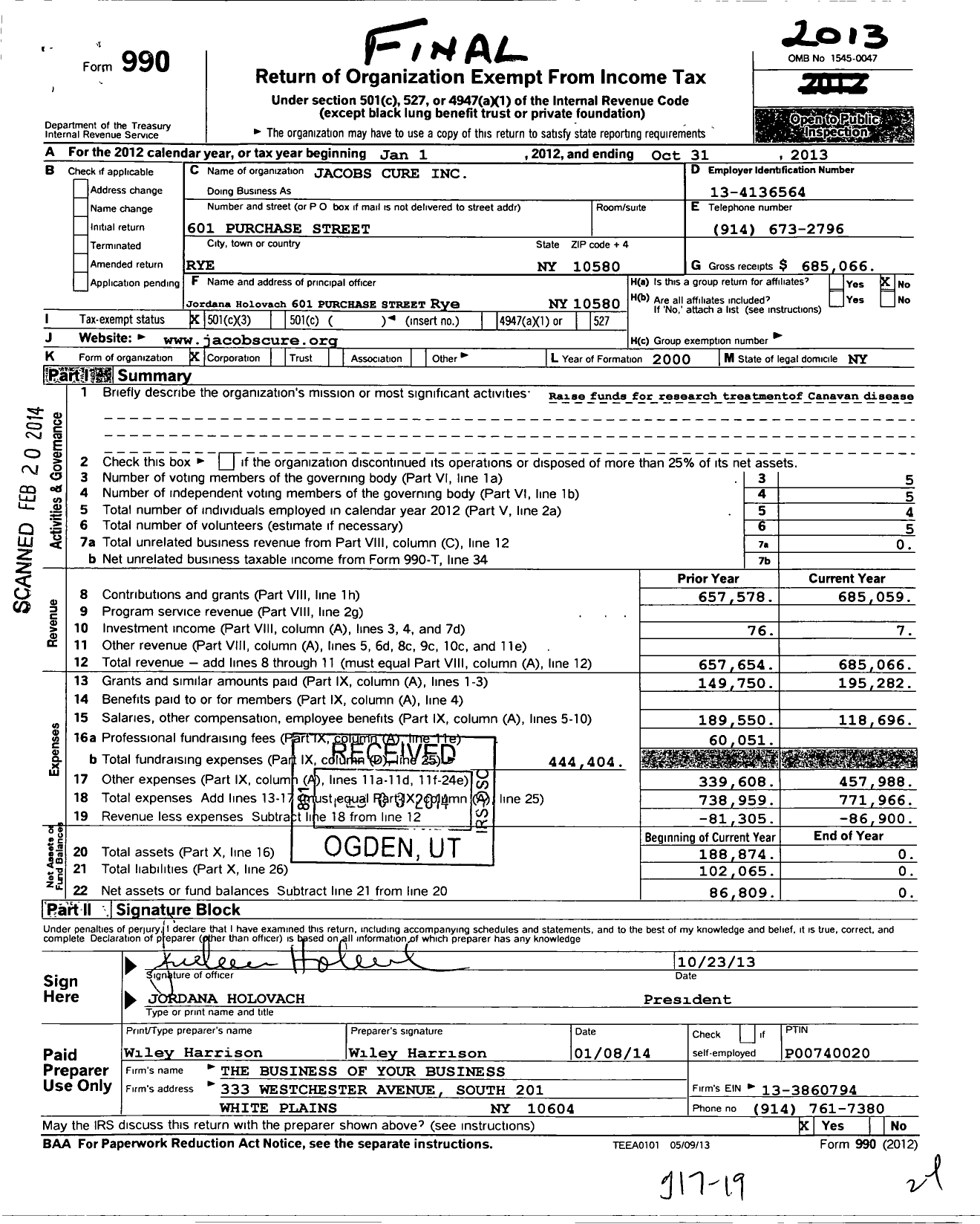 Image of first page of 2012 Form 990 for Jacobs Cure