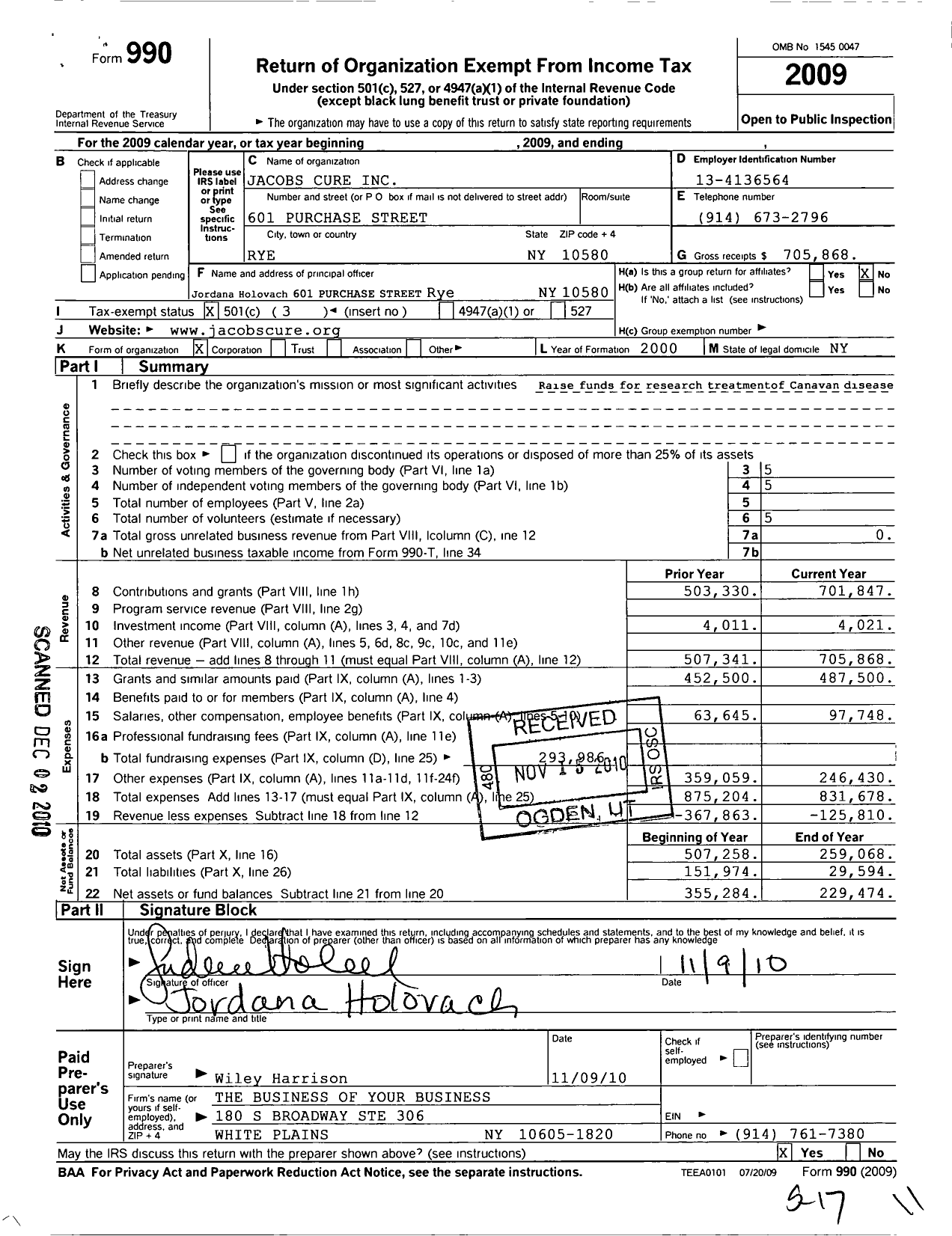 Image of first page of 2009 Form 990 for Jacobs Cure