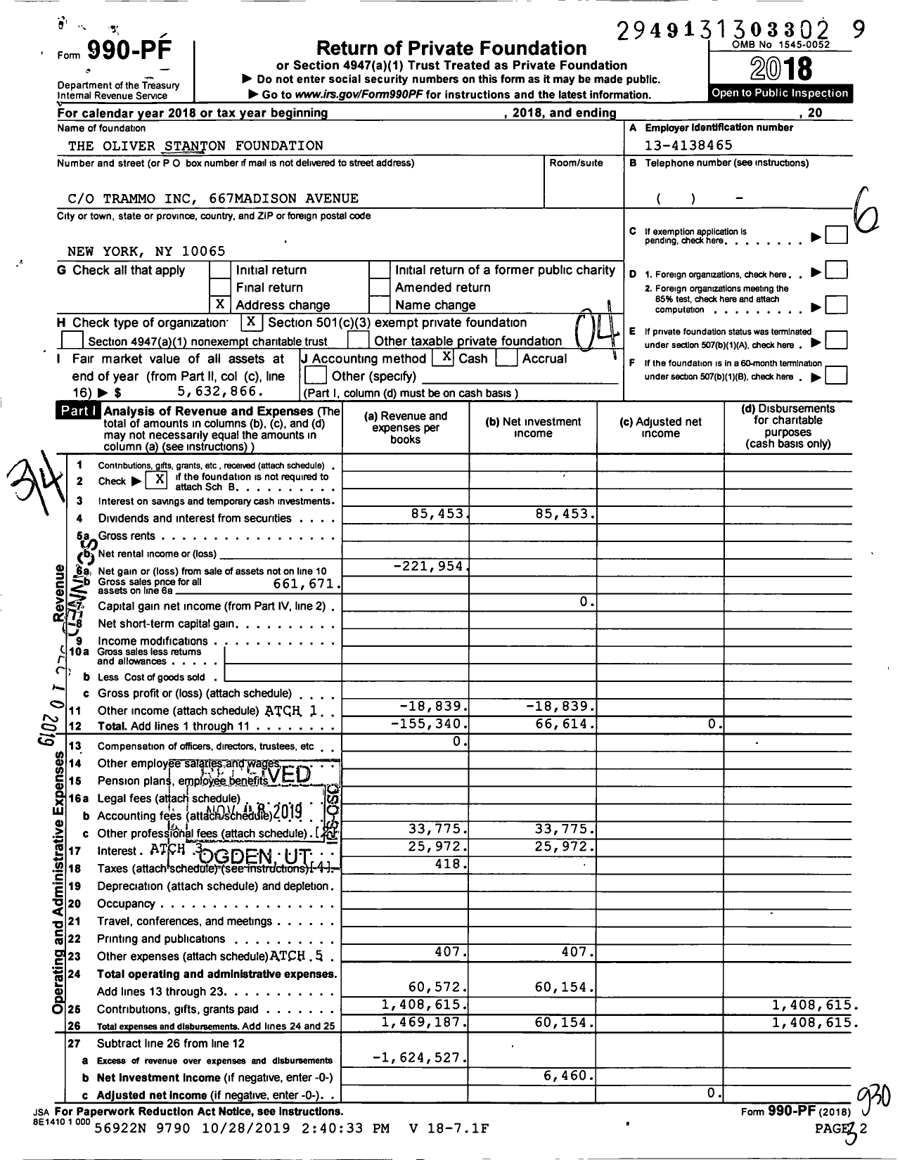 Image of first page of 2018 Form 990PF for The Oliver Stanton Foundation