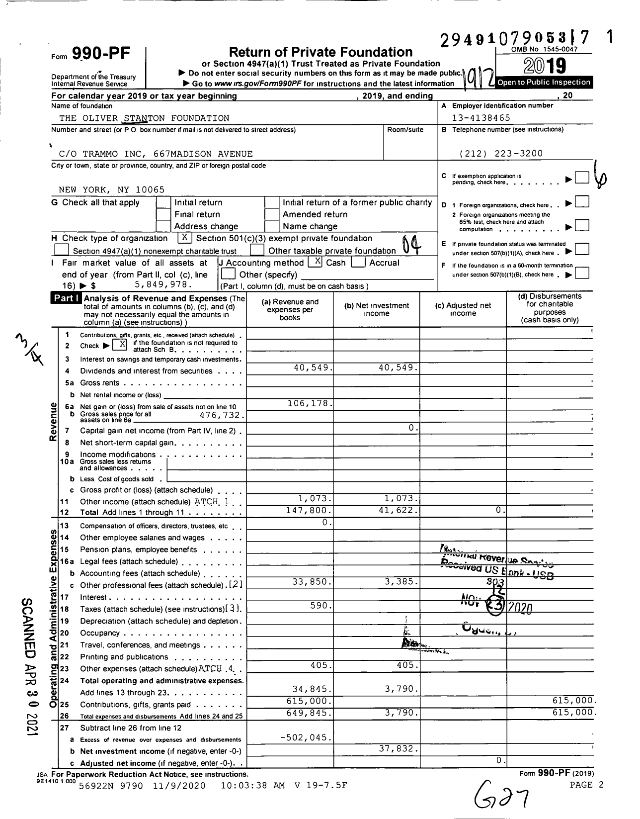 Image of first page of 2019 Form 990PF for The Oliver Stanton Foundation