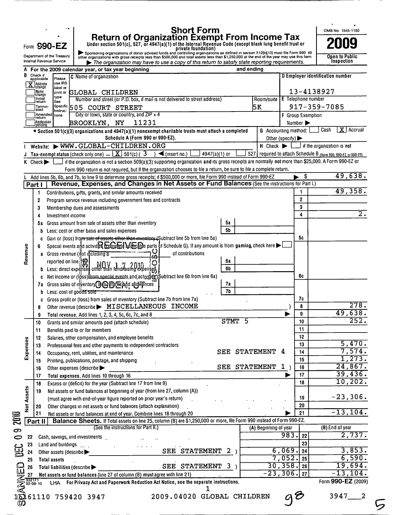 Image of first page of 2009 Form 990EZ for Global Children