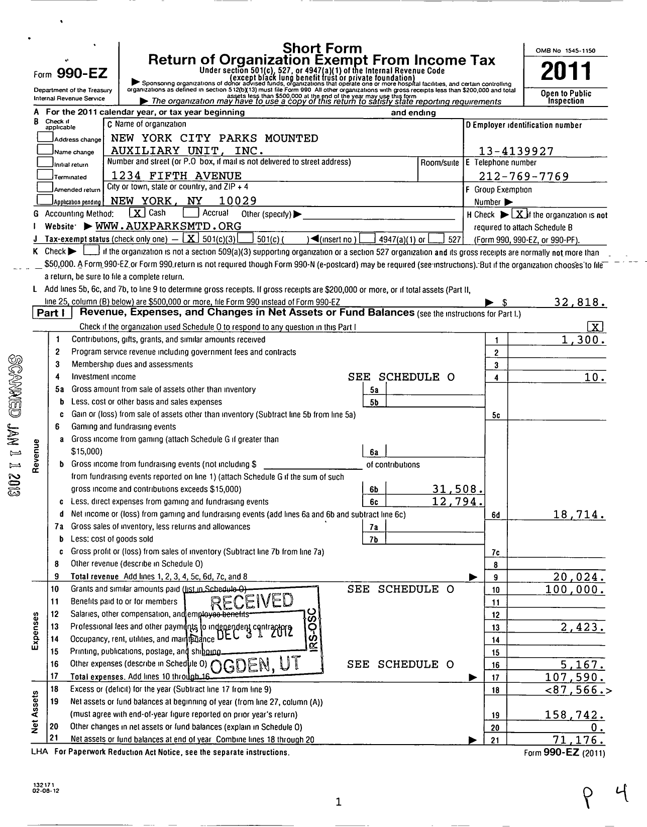 Image of first page of 2011 Form 990EZ for New York City Parks Mounted Auxiliary Unit