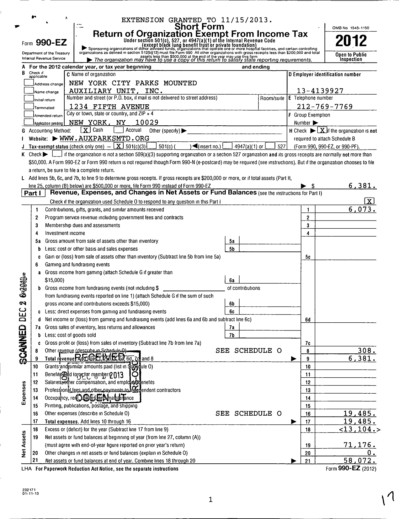 Image of first page of 2012 Form 990EZ for New York City Parks Mounted Auxiliary Unit