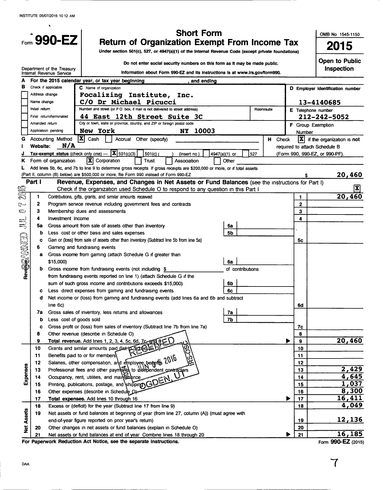 Image of first page of 2015 Form 990EZ for Focalizing Institute