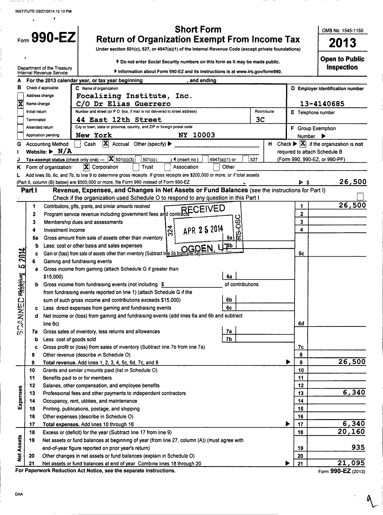 Image of first page of 2013 Form 990EZ for Focalizing Institute