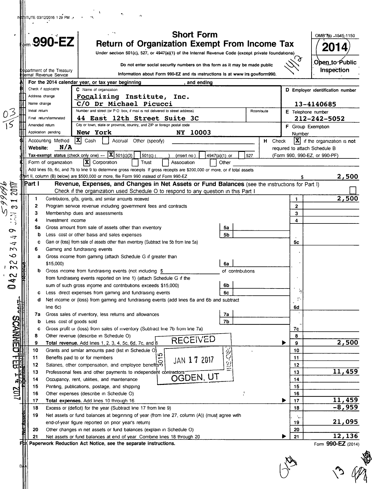 Image of first page of 2014 Form 990EZ for Focalizing Institute