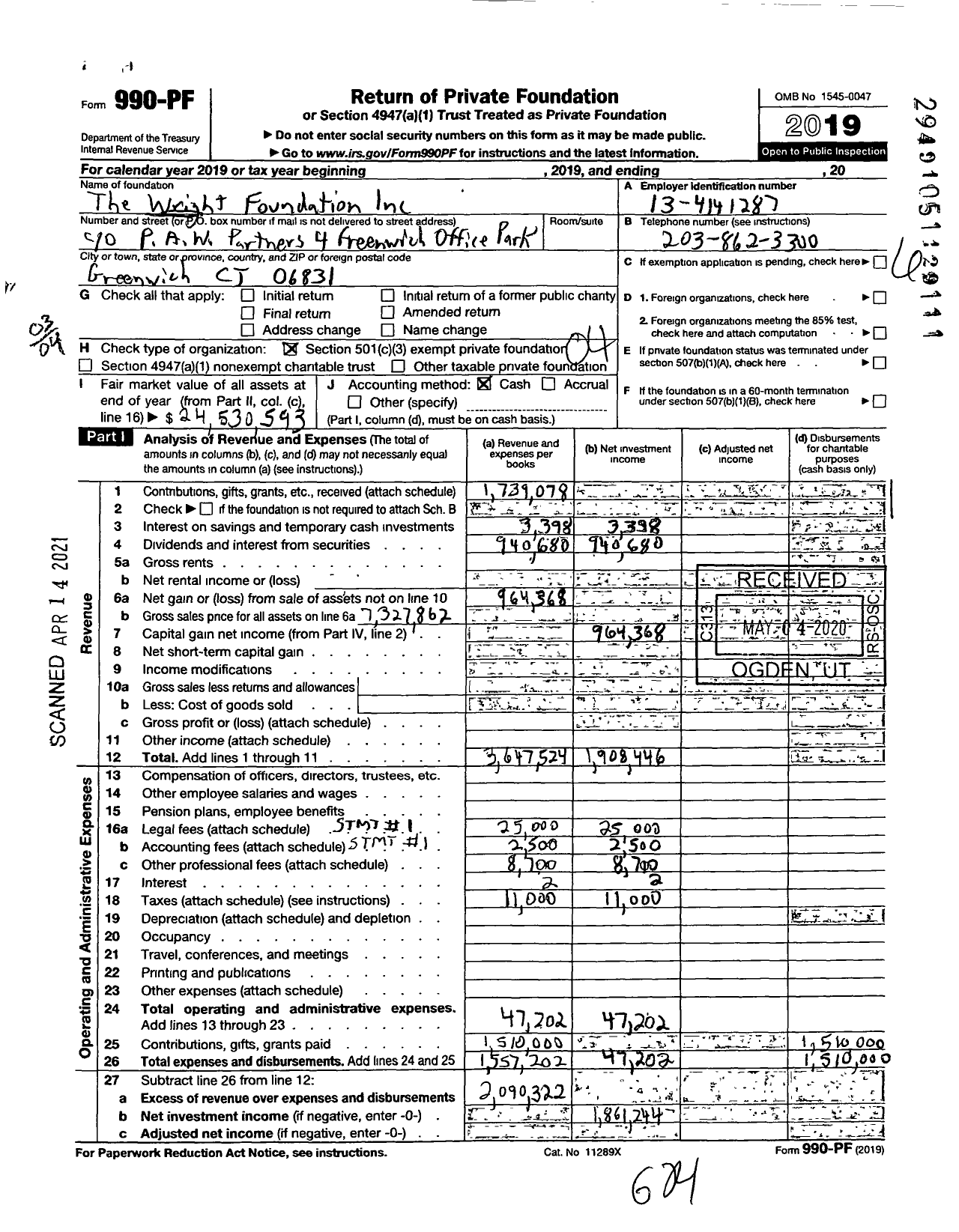 Image of first page of 2019 Form 990PF for The Wright Foundation