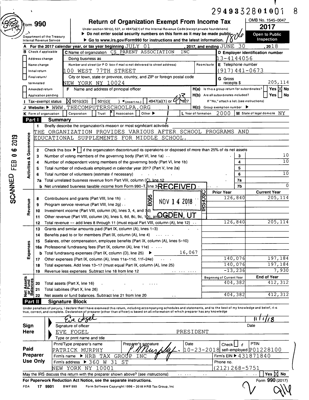 Image of first page of 2017 Form 990 for CS Parent Association