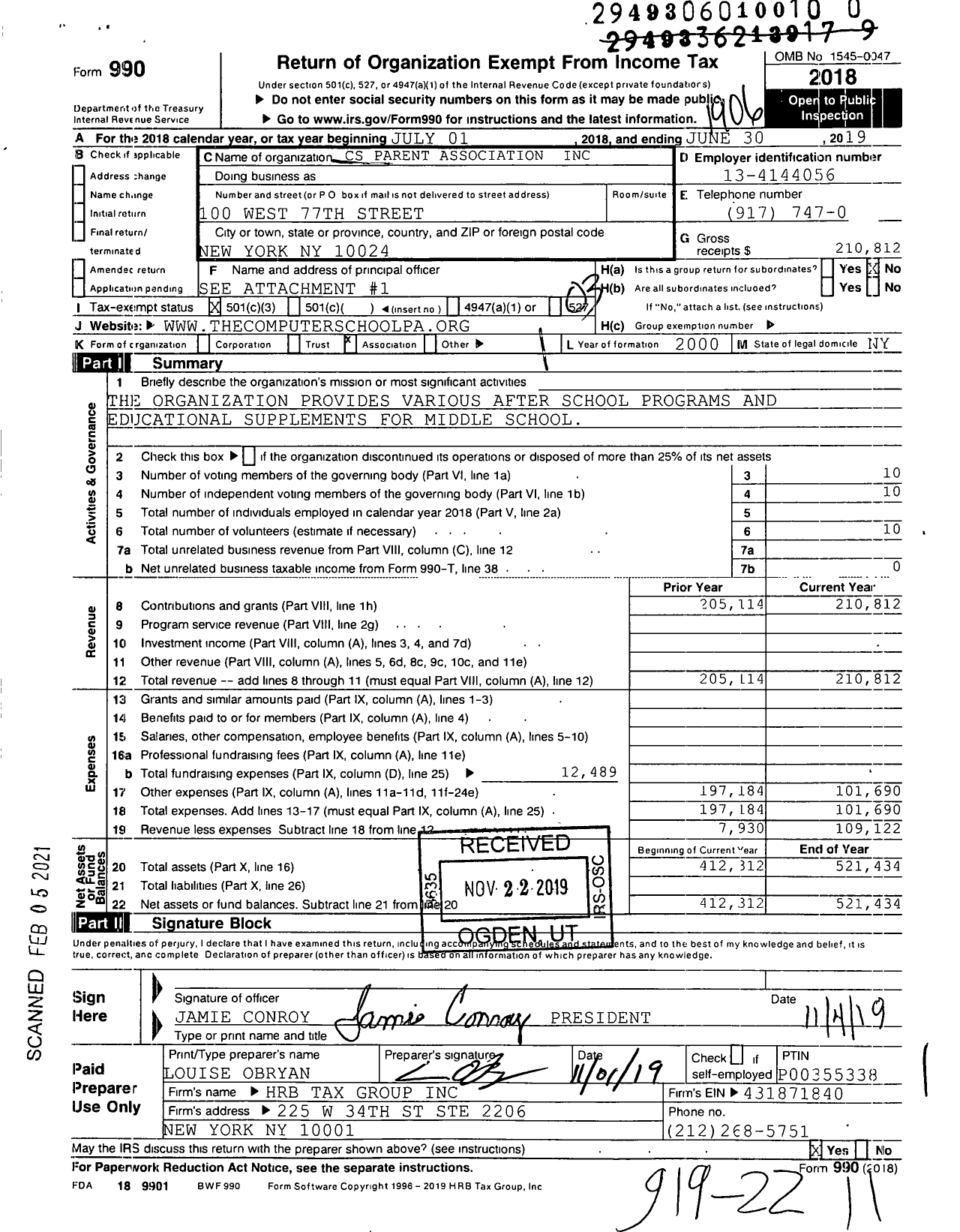 Image of first page of 2018 Form 990 for CS Parent Association