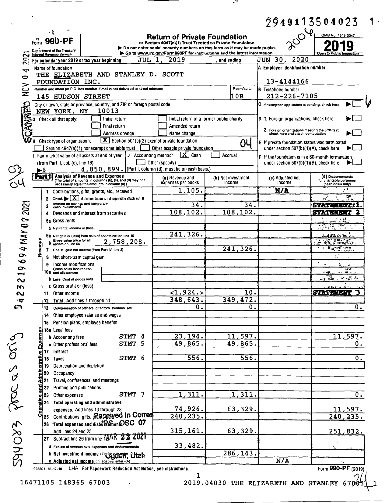 Image of first page of 2019 Form 990PF for The Elizabeth and Stanley D Scott Foundation