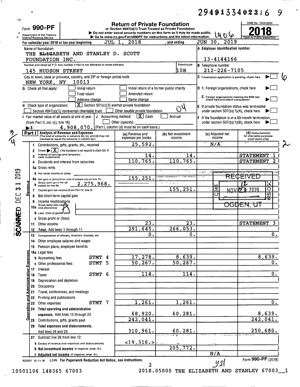 Image of first page of 2018 Form 990PF for The Elizabeth and Stanley D Scott Foundation