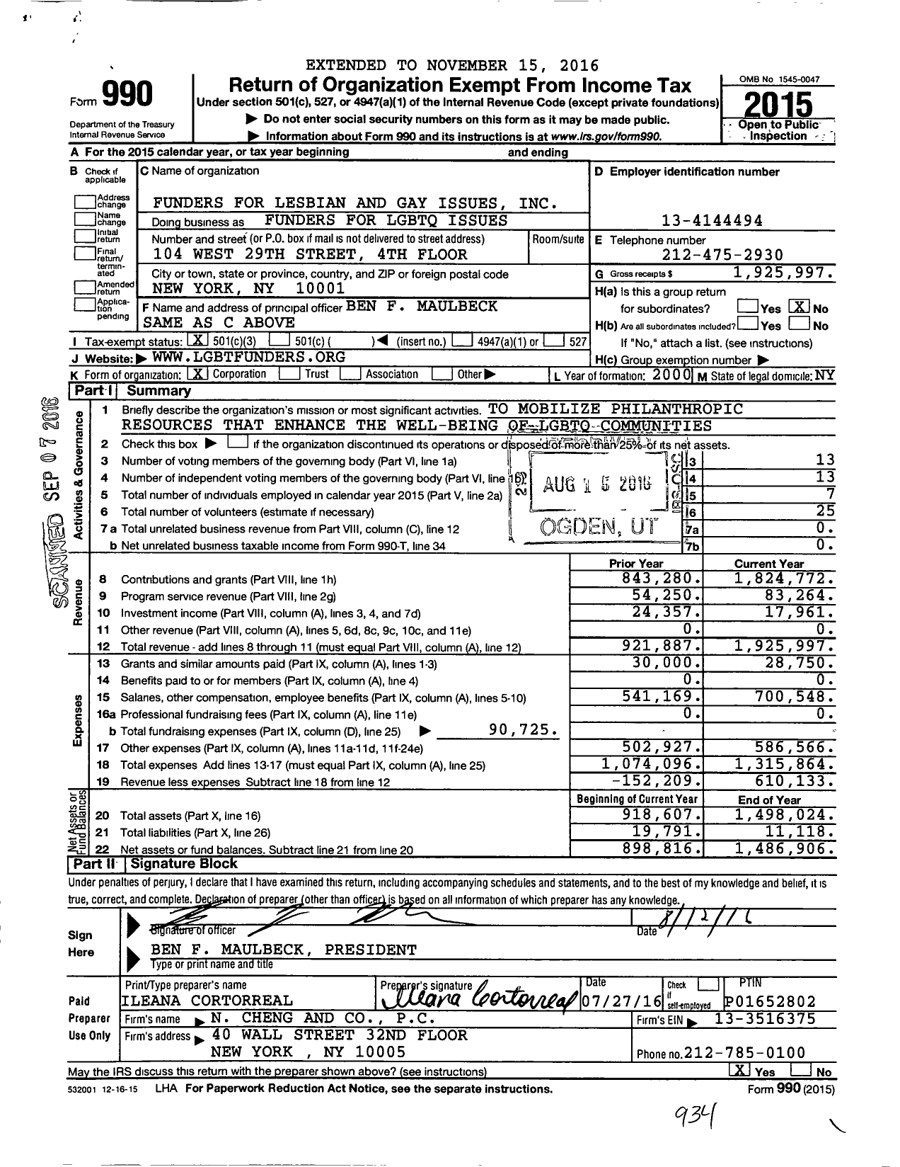 Image of first page of 2015 Form 990 for FUNDERS for LGBTQ ISSUES