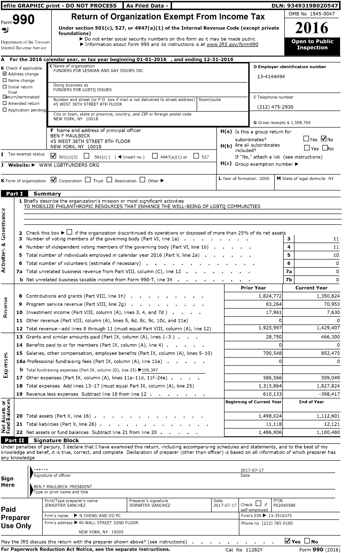 Image of first page of 2016 Form 990 for FUNDERS for LGBTQ ISSUES