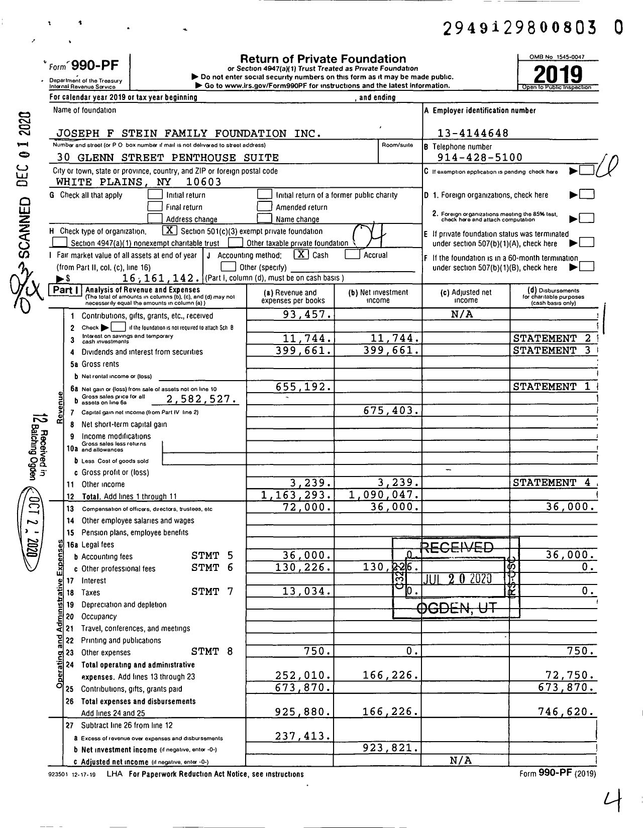 Image of first page of 2019 Form 990PF for Joseph F Stein Family Foundation