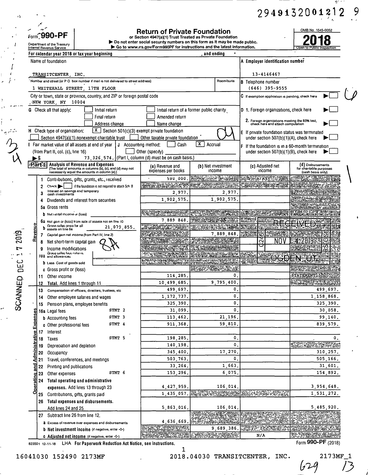Image of first page of 2018 Form 990PF for TransitCenter