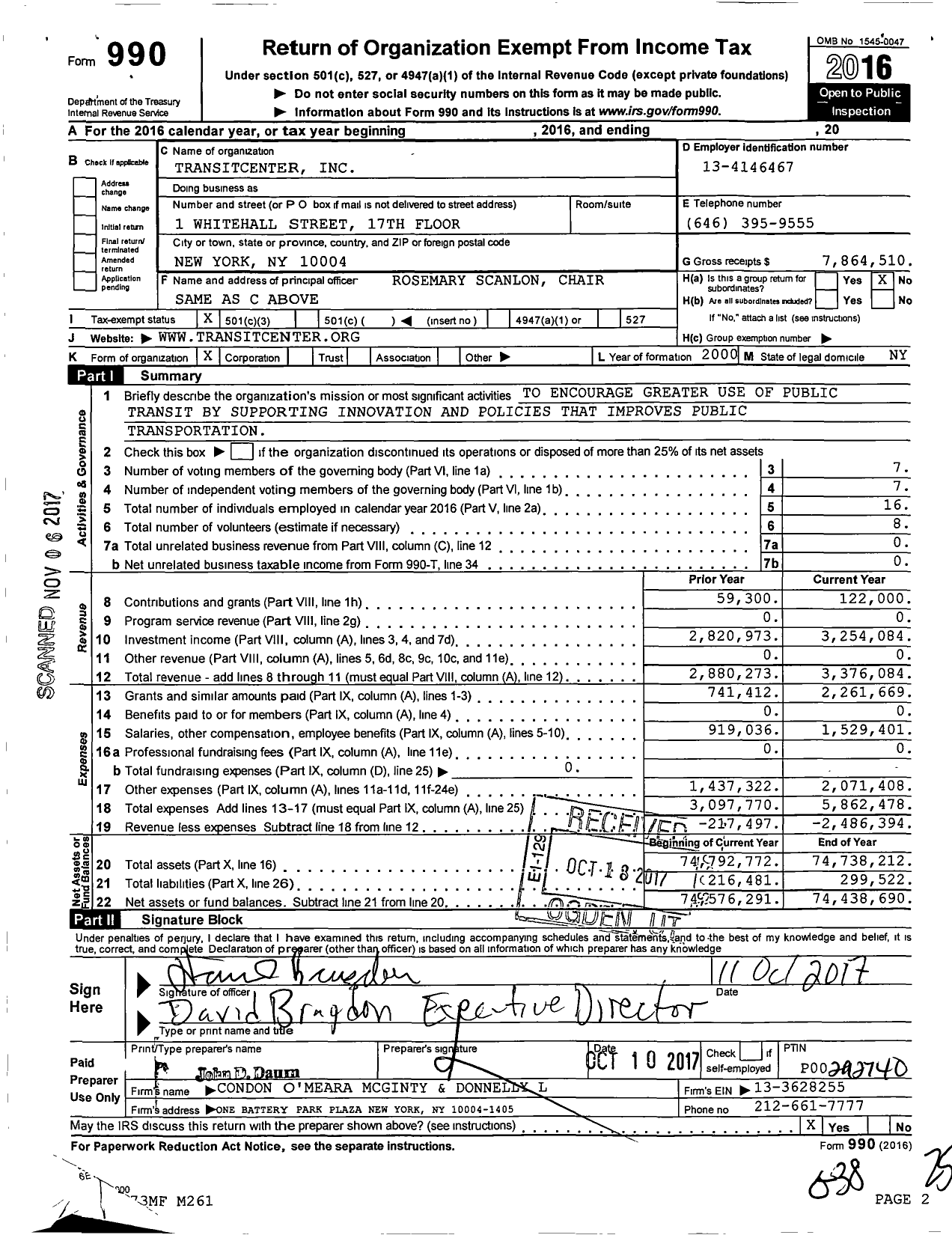 Image of first page of 2016 Form 990 for TransitCenter