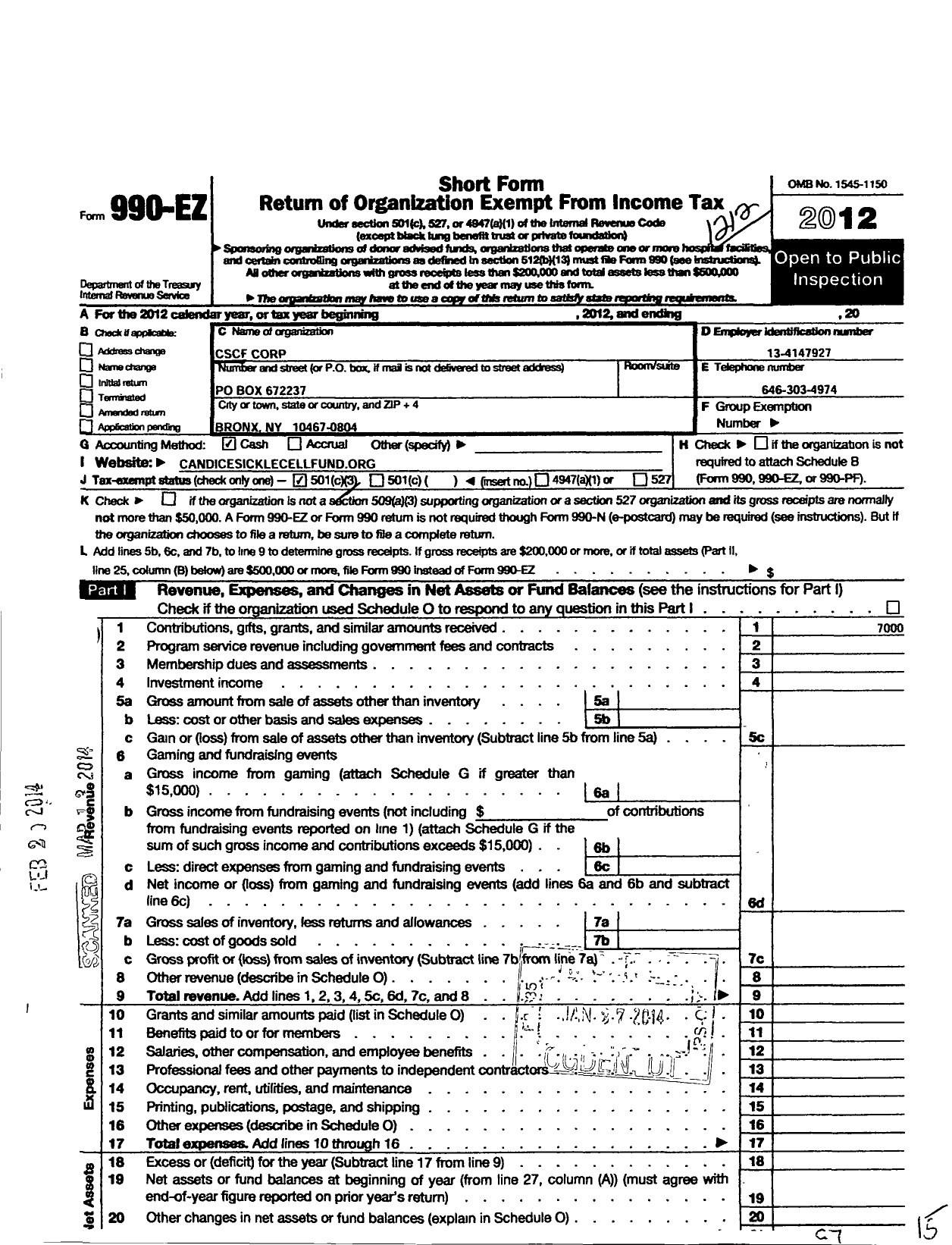 Image of first page of 2012 Form 990EZ for CSCF Corporation