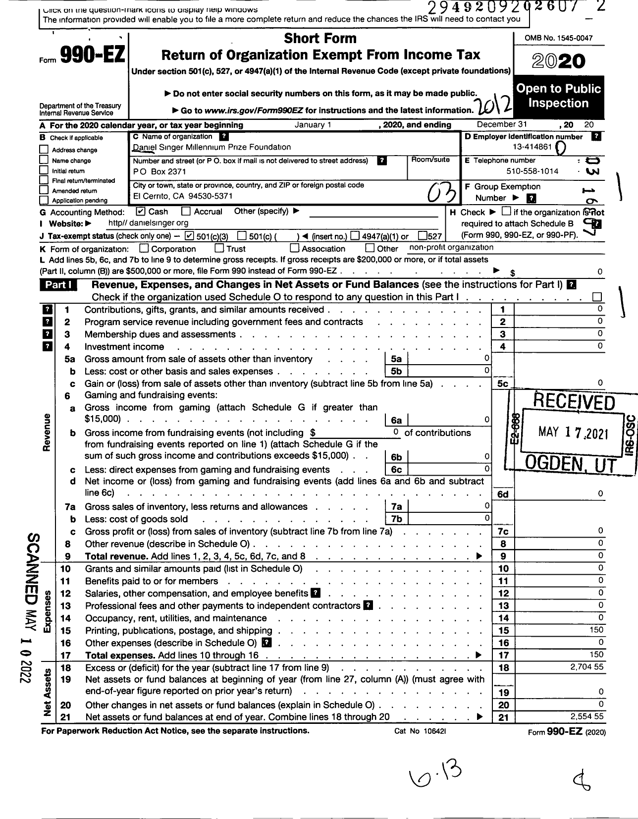 Image of first page of 2020 Form 990EZ for Daniel Singer Millennium Prize Foundation