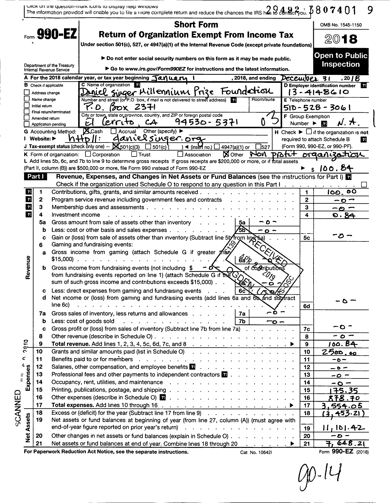 Image of first page of 2018 Form 990EZ for Daniel Singer Millennium Prize Foundation