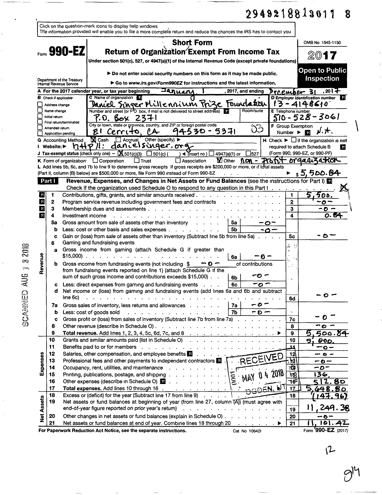 Image of first page of 2017 Form 990EZ for Daniel Singer Millennium Prize Foundation