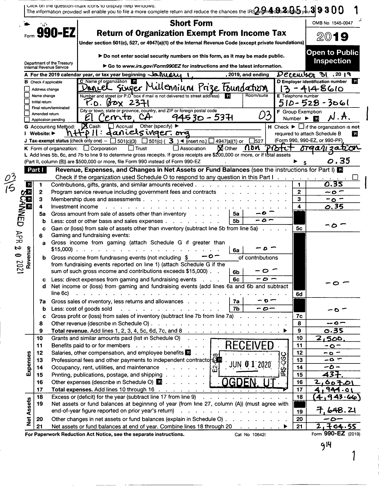 Image of first page of 2019 Form 990EZ for Daniel Singer Millennium Prize Foundation