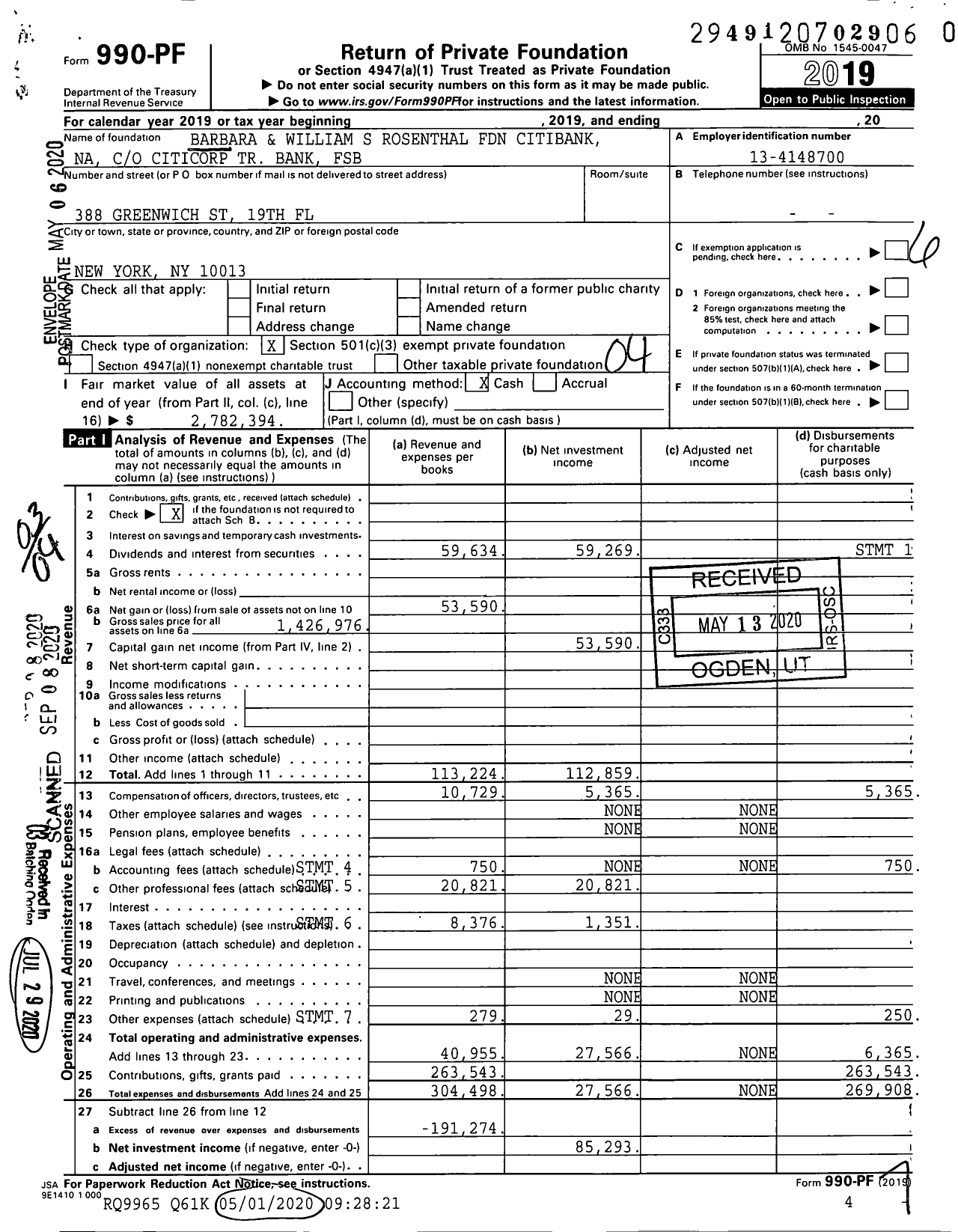 Image of first page of 2019 Form 990PR for Barbara and William S Rosenthal Foundation Citibank