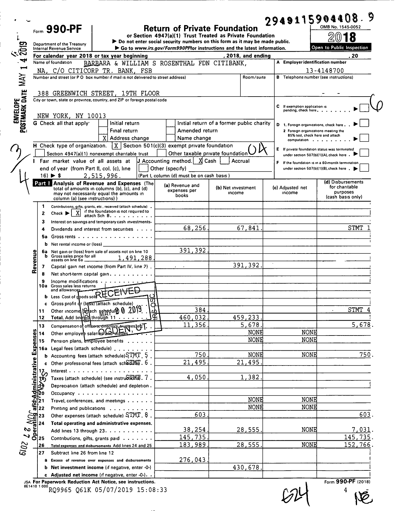 Image of first page of 2018 Form 990PF for Barbara and William S Rosenthal Foundation Citibank