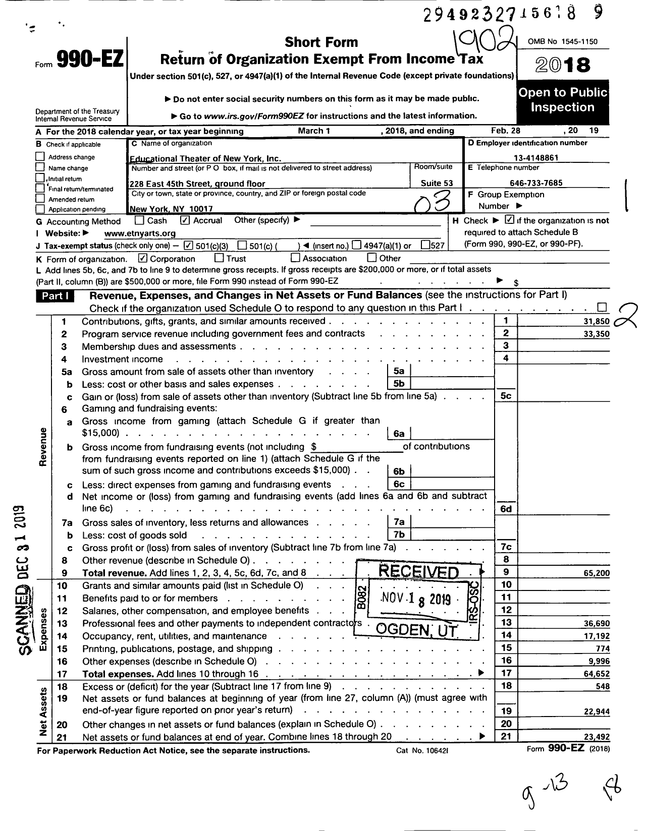 Image of first page of 2018 Form 990EZ for Educational Theater of New York