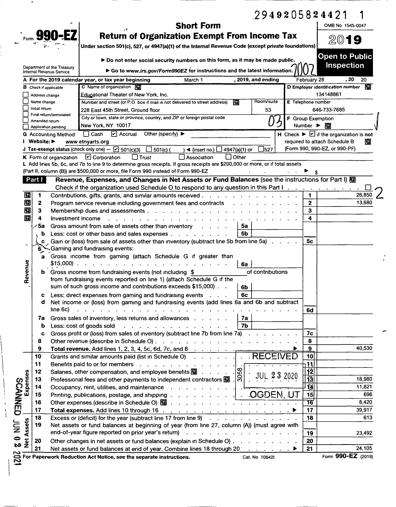 Image of first page of 2019 Form 990EZ for Educational Theater of New York