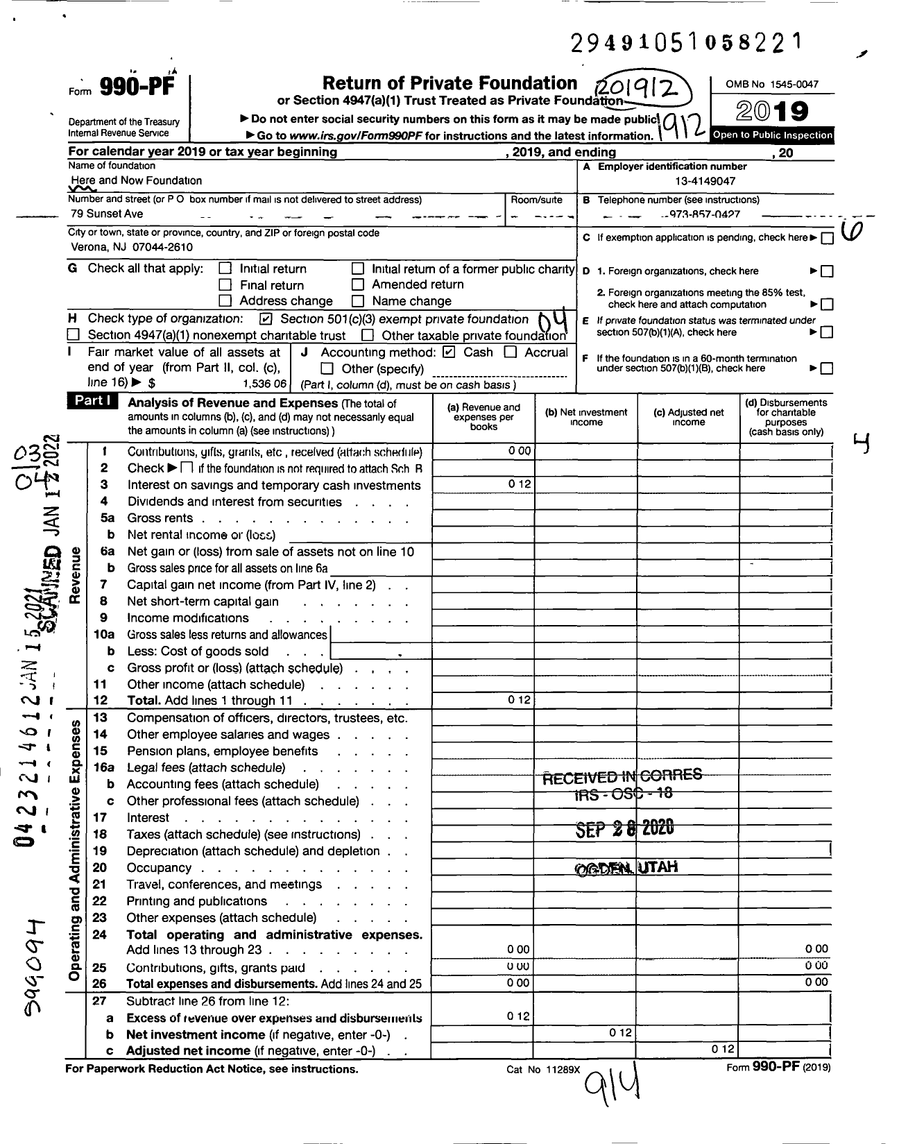 Image of first page of 2019 Form 990PF for Here and Now Foundation