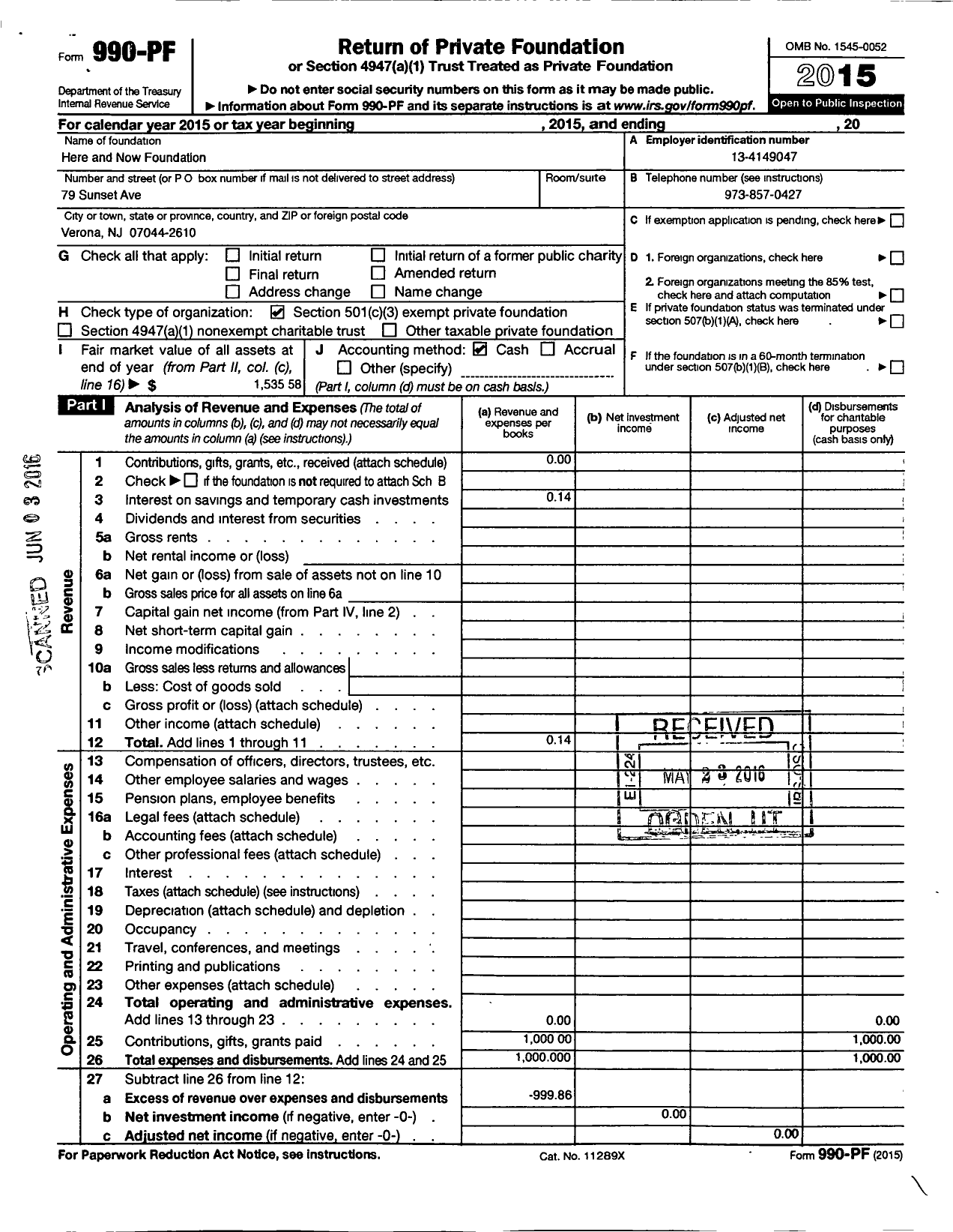 Image of first page of 2015 Form 990PF for Here and Now Foundation