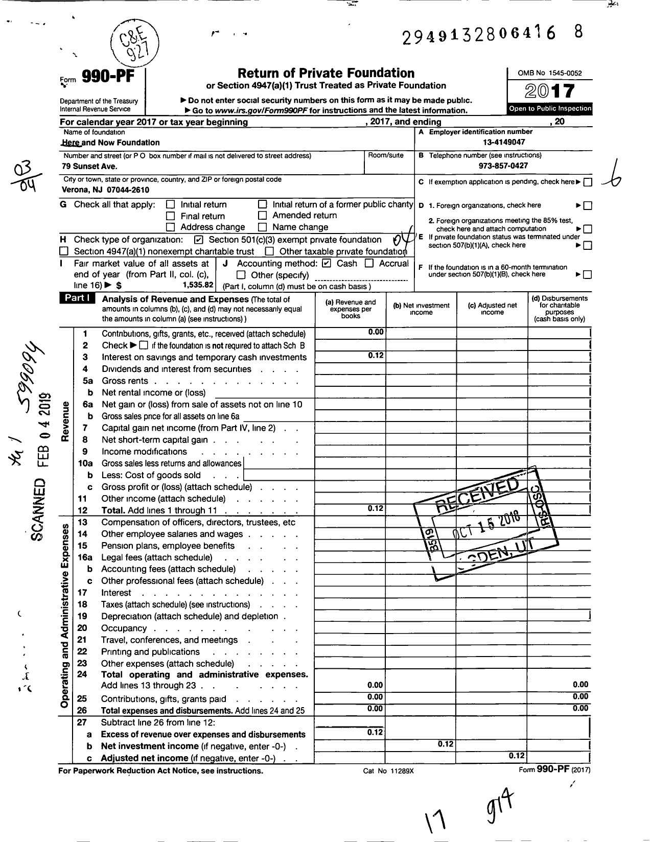 Image of first page of 2017 Form 990PF for Here and Now Foundation