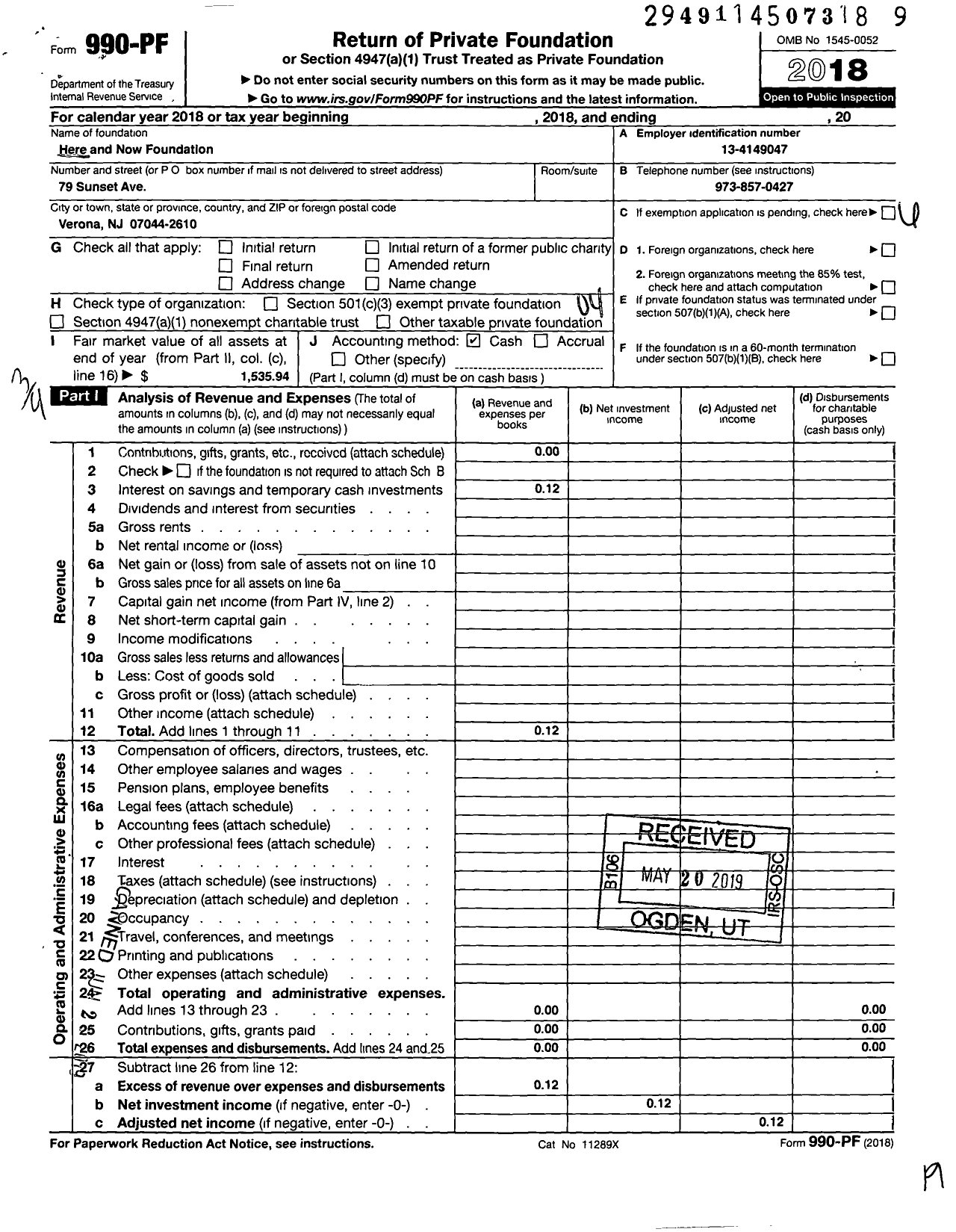 Image of first page of 2018 Form 990PF for Here and Now Foundation