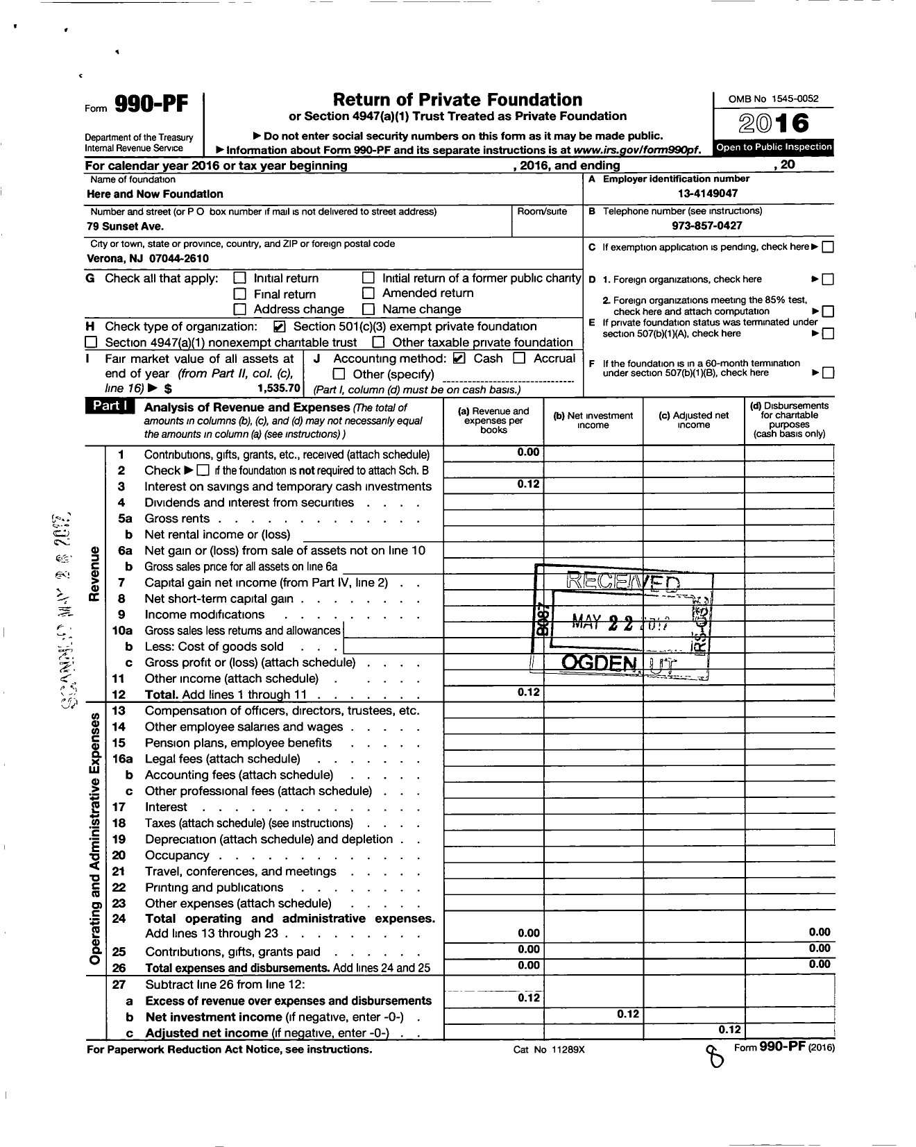 Image of first page of 2016 Form 990PF for Here and Now Foundation