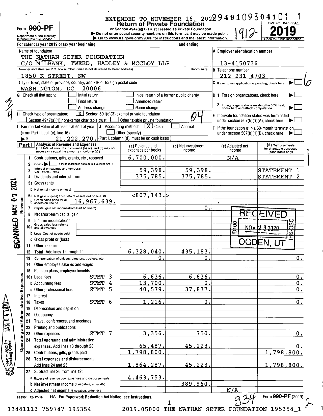 Image of first page of 2019 Form 990PF for Nathan Seter Foundation