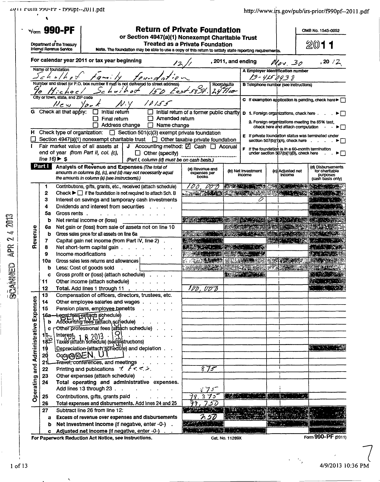 Image of first page of 2011 Form 990PF for Schulhof Family Foundation