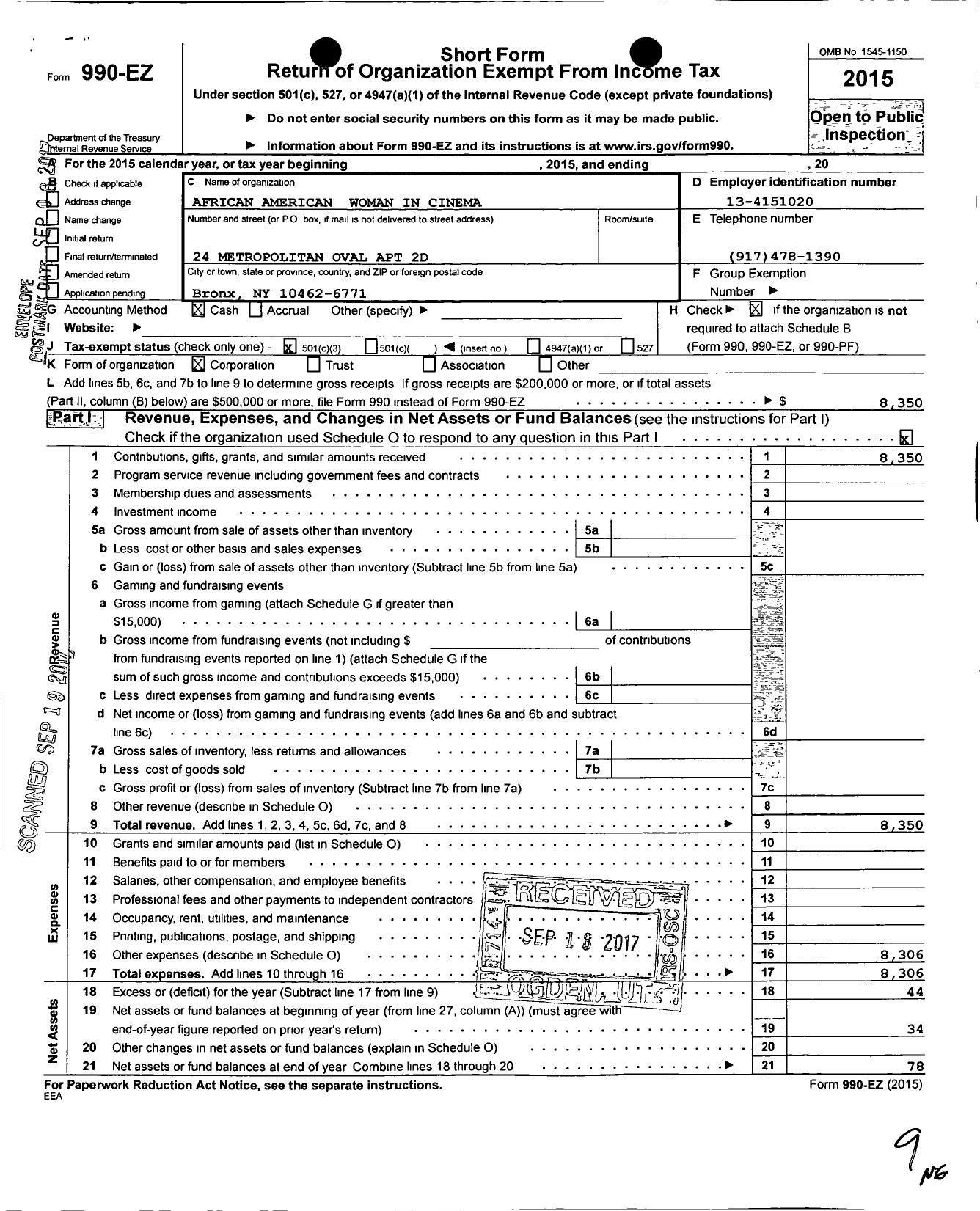 Image of first page of 2015 Form 990EZ for African American Women in Cinema Org