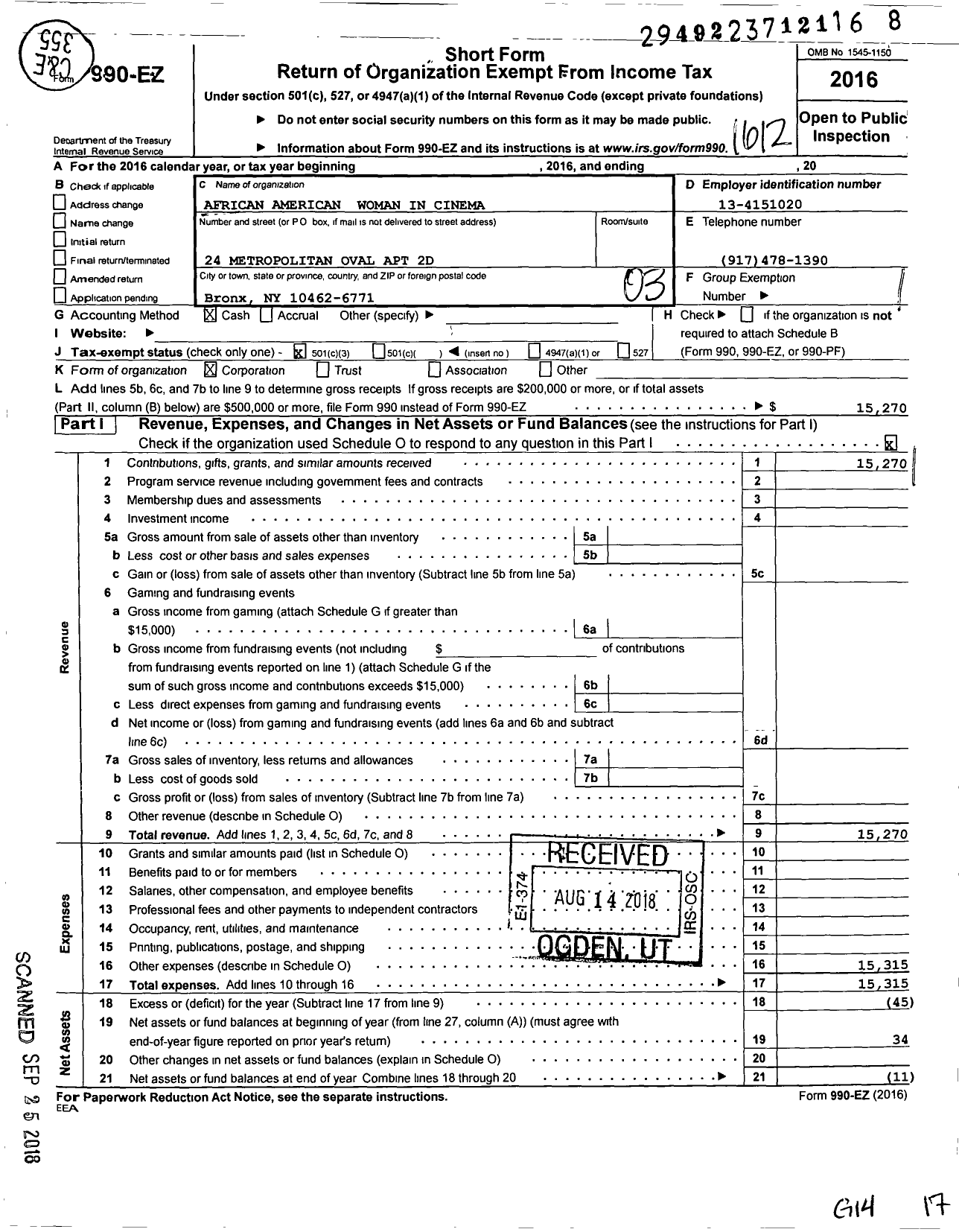 Image of first page of 2016 Form 990EZ for African American Women in Cinema Org